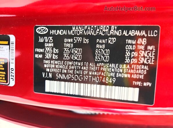 5NMP5DG19TH074849 2026 HYUNDAI SANTA Red VIN კოდის სტიკერის ხედი