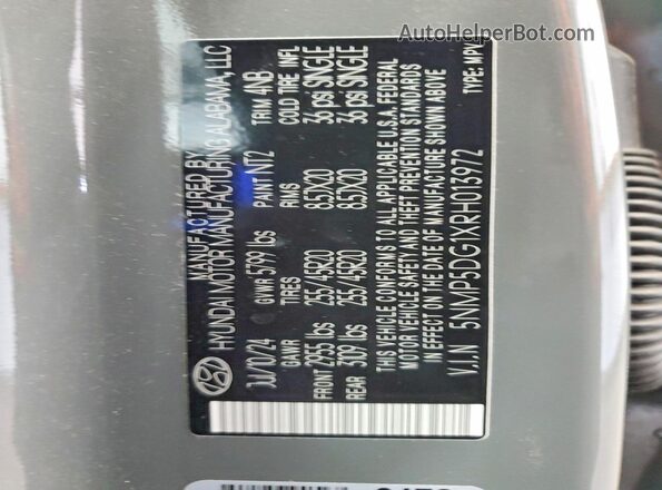 5NMP5DG1XRH013972 2024 HYUNDAI SANTA Gray Widok naklejki z numerem VIN