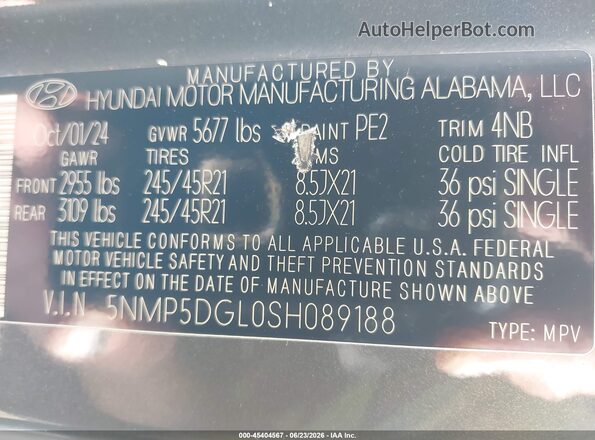 5NMP5DGL0SH089188 2025 HYUNDAI SANTA FE Gray Вид підкапотного простору