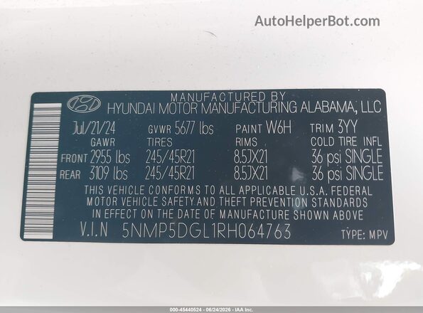 5NMP5DGL1RH064763 2024 HYUNDAI SANTA FE White Vista del compartimento del motor