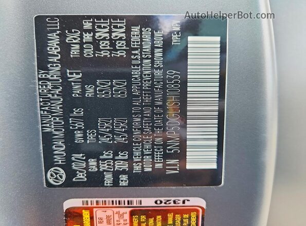 5NMP5DGL1SH108539 2025 HYUNDAI SANTA Gray Widok naklejki z numerem VIN
