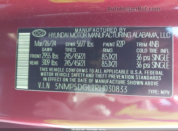 5NMP5DGL2RH030833 2024 HYUNDAI SANTA FE Red Engine compartment view