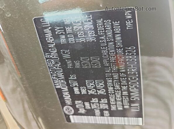 5NMP5DGL3RH038326 2024 HYUNDAI SANTA Gray Widok naklejki z numerem VIN