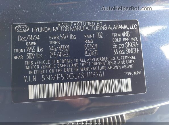 5NMP5DGL7SH113261 2025 HYUNDAI SANTA FE Dark Blue Շարժիչի բաժամունքի տեսք