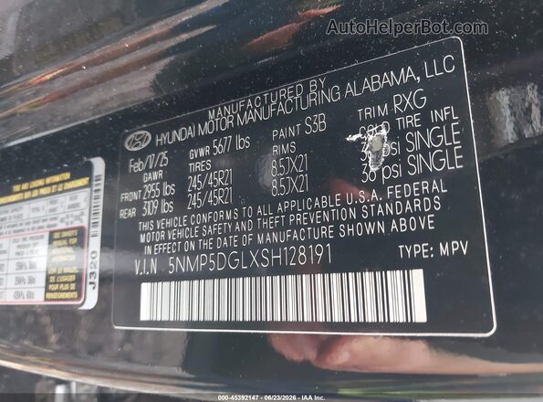 5NMP5DGLXSH128191 2025 HYUNDAI SANTA FE Black Widok komory silnika