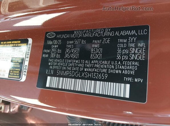 5NMP5DGLXSH132659 2025 HYUNDAI SANTA FE Orange Вид підкапотного простору