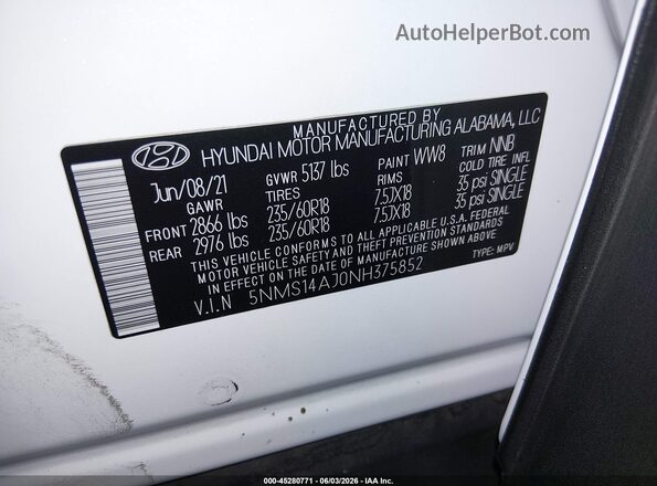5NMS14AJ0NH375852 2022 HYUNDAI SANTA FE White Շարժիչի բաժամունքի տեսք