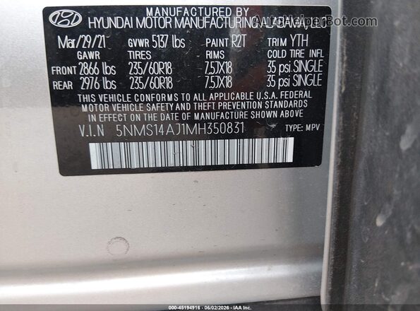 5NMS14AJ1MH350831 2021 HYUNDAI SANTA FE Серый Вид подкапотного пространства