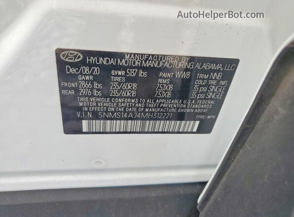 5NMS14AJ4MH312221 2021 HYUNDAI SANTA White Սալոնի 360 աստիճան տեսք