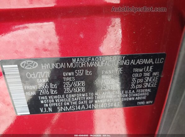 5NMS14AJ4NH403443 2022 HYUNDAI SANTA FE Red Вид підкапотного простору