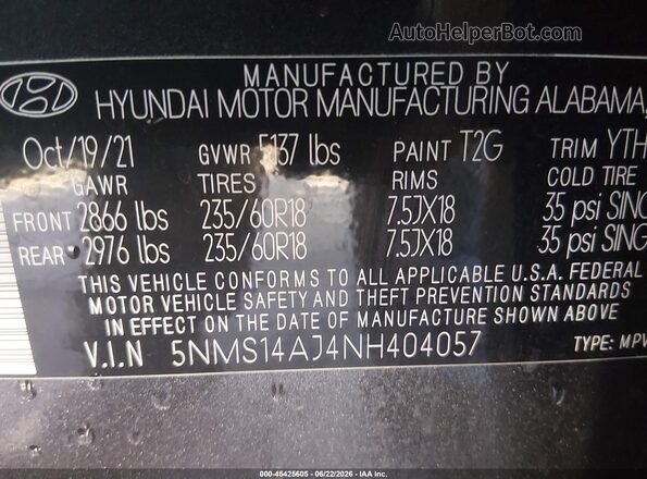 5NMS14AJ4NH404057 2022 HYUNDAI SANTA FE Gray Շարժիչի բաժամունքի տեսք