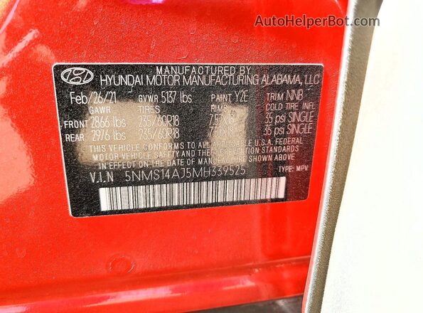 5NMS14AJ5MH339525 2021 HYUNDAI SANTA Red VIN კოდის სტიკერის ხედი