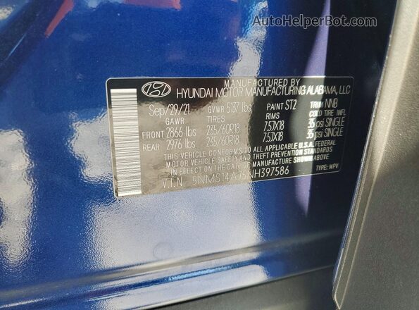 5NMS14AJ5NH397586 2022 HYUNDAI SANTA Blue VIN კოდის სტიკერის ხედი