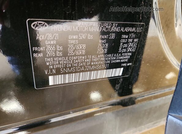 5NMS1DAJ2MH361921 2021 HYUNDAI SANTA Black Vista de la etiqueta del VIN
