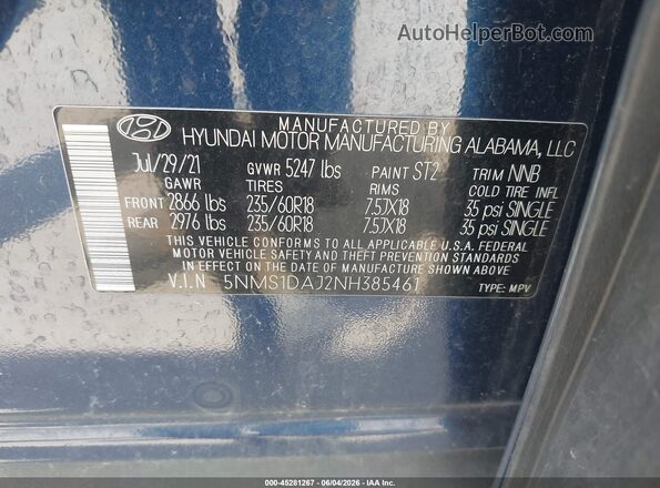 5NMS1DAJ2NH385461 2022 HYUNDAI SANTA FE Dark Blue Вид підкапотного простору