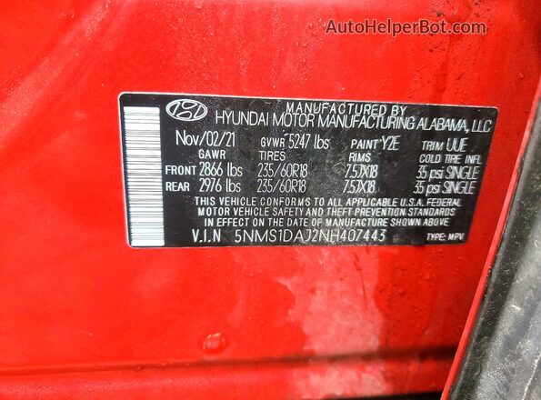 5NMS1DAJ2NH407443 2022 HYUNDAI SANTA Красный Вид наклейки с VIN-кодом