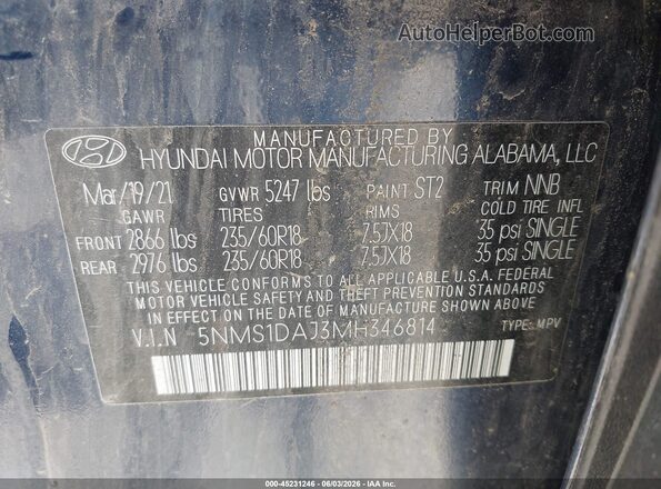 5NMS1DAJ3MH346814 2021 HYUNDAI SANTA FE Blue 