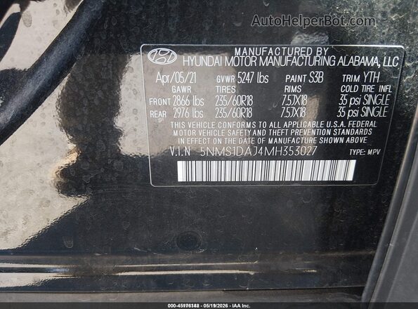 5NMS1DAJ4MH353027 2021 HYUNDAI SANTA FE Черный 