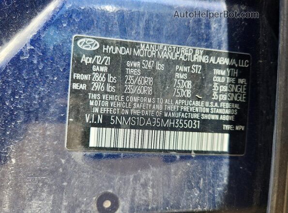5NMS1DAJ5MH355031 2021 HYUNDAI SANTA Blue Շարժիչի բաժամունքի տեսք
