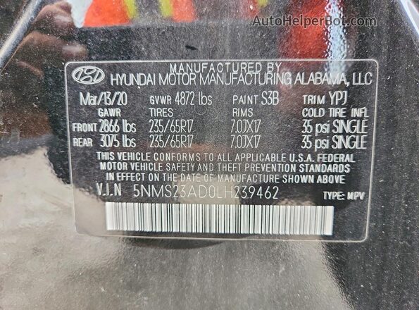 5NMS23AD0LH239462 2020 HYUNDAI SANTA Black Widok naklejki z numerem VIN