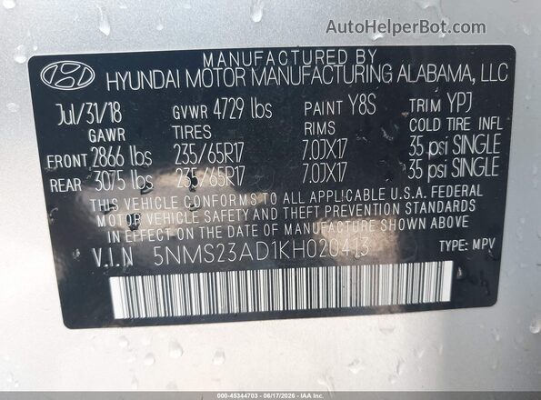 5NMS23AD1KH020413 2019 HYUNDAI SANTA FE Silver Widok komory silnika