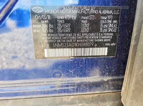 5NMS23AD1KH048079 2019 HYUNDAI SANTA Blue 