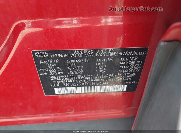 5NMS23AD1LH163041 2020 HYUNDAI SANTA FE Red Շարժիչի բաժամունքի տեսք