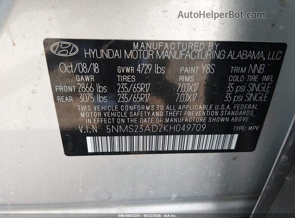 5NMS23AD2KH049709 2019 HYUNDAI SANTA FE Silver Engine compartment view