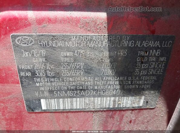 5NMS23AD2KH080409 2019 HYUNDAI SANTA FE Red Vista del compartimento del motor