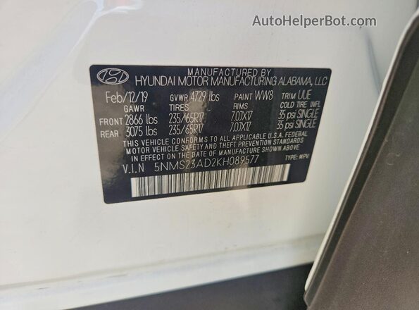 5NMS23AD2KH089577 2019 HYUNDAI SANTA White Engine compartment view