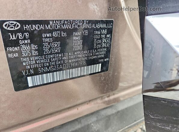 5NMS23AD2LH147916 2020 HYUNDAI SANTA Brown Vista de la etiqueta del VIN
