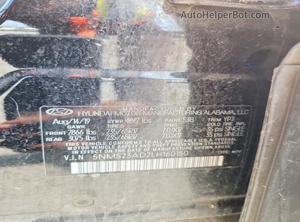 5NMS23AD2LH160150 2020 HYUNDAI SANTA Black ძრავის განყოფილების ხედი