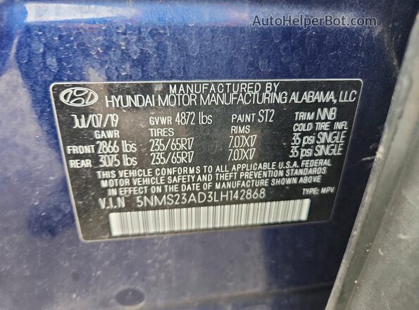 5NMS23AD3LH142868 2020 HYUNDAI SANTA Blue Vista interior de 360 grados