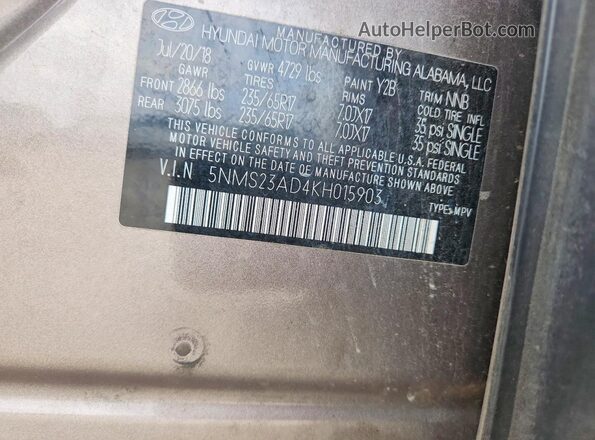5NMS23AD4KH015903 2019 HYUNDAI SANTA Brown Widok naklejki z numerem VIN