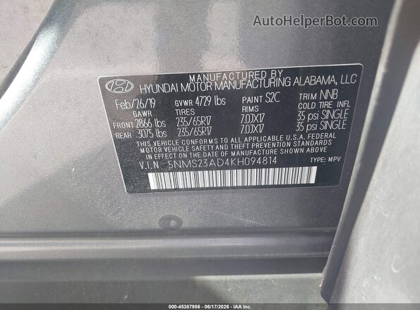 5NMS23AD4KH094814 2019 HYUNDAI SANTA FE Gray Vista del compartimento del motor