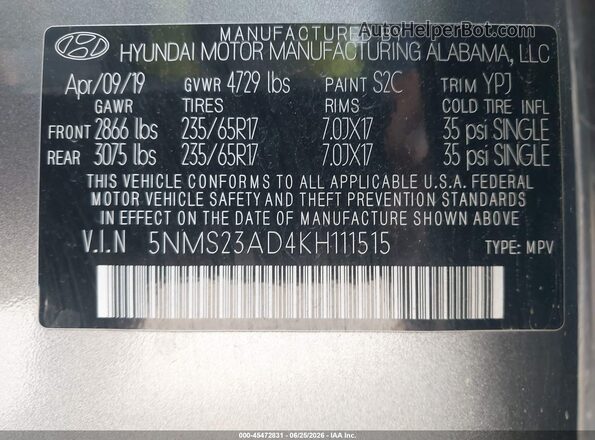 5NMS23AD4KH111515 2019 HYUNDAI SANTA FE Серый Вид подкапотного пространства