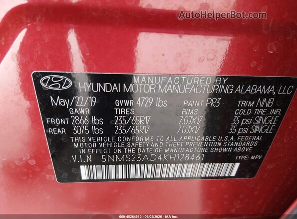 5NMS23AD4KH128461 2019 HYUNDAI SANTA FE Красный Вид подкапотного пространства