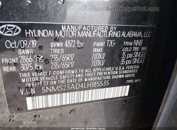 5NMS23AD4LH185535 2020 HYUNDAI SANTA FE Gray Vista del compartimento del motor