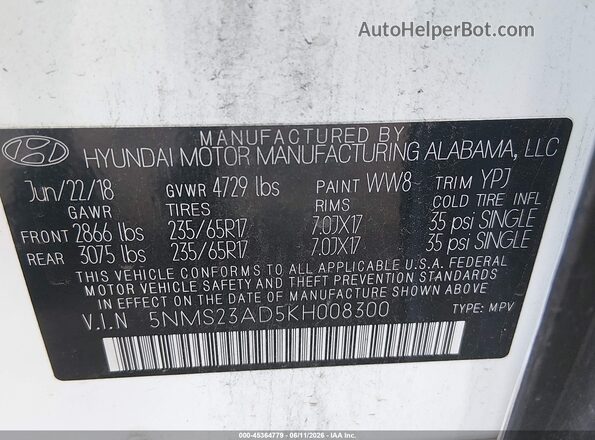 5NMS23AD5KH008300 2019 HYUNDAI SANTA FE White Widok komory silnika