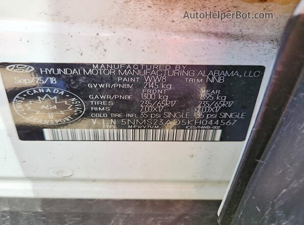 5NMS23AD5KH044567 2019 HYUNDAI SANTA White 