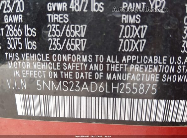 5NMS23AD6LH255875 2020 HYUNDAI SANTA FE Orange Widok komory silnika