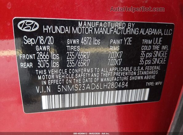 5NMS23AD6LH280484 2020 HYUNDAI SANTA FE Red Vista del compartimento del motor