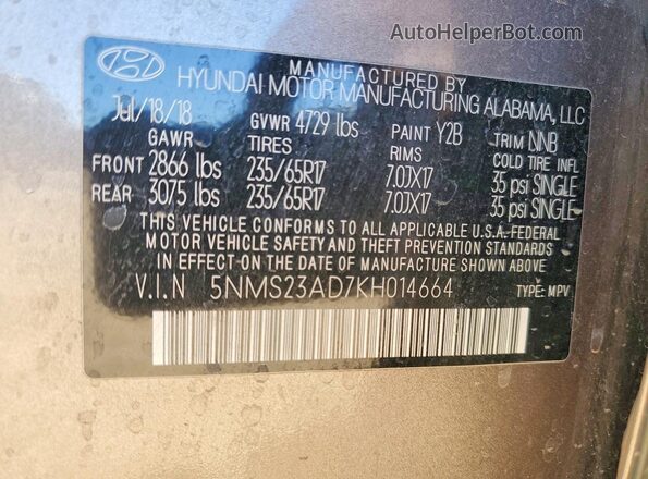 5NMS23AD7KH014664 2019 HYUNDAI SANTA Gray ძრავის განყოფილების ხედი