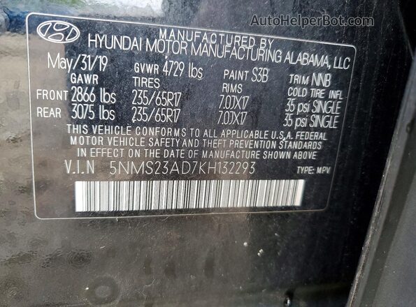5NMS23AD7KH132293 2019 HYUNDAI SANTA Black Vista de la etiqueta del VIN