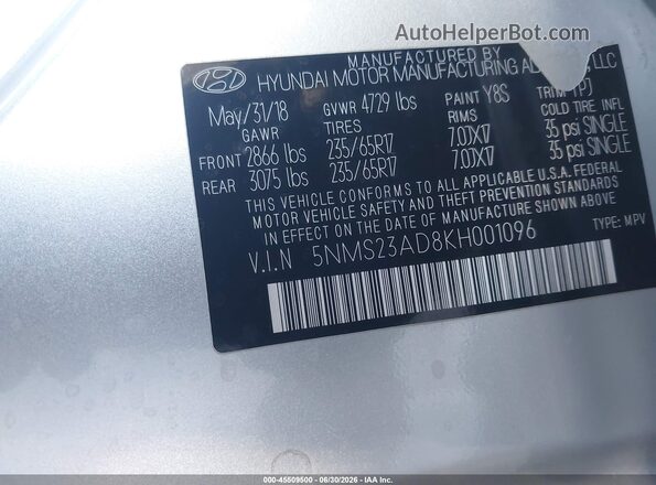 5NMS23AD8KH001096 2019 HYUNDAI SANTA FE Серебряный Вид подкапотного пространства