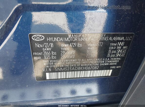 5NMS23AD8KH067082 2019 HYUNDAI SANTA FE Blue Widok komory silnika