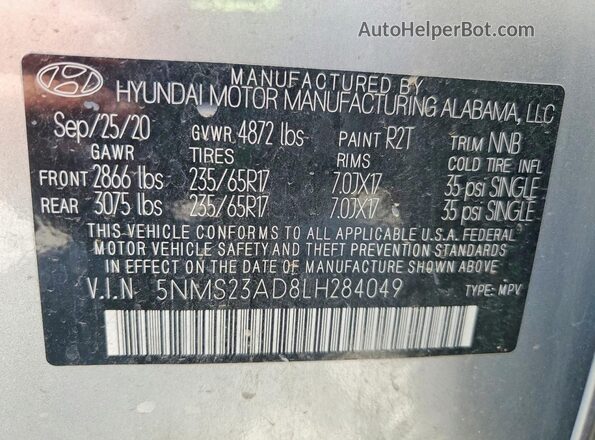 5NMS23AD8LH284049 2020 HYUNDAI SANTA Silver 