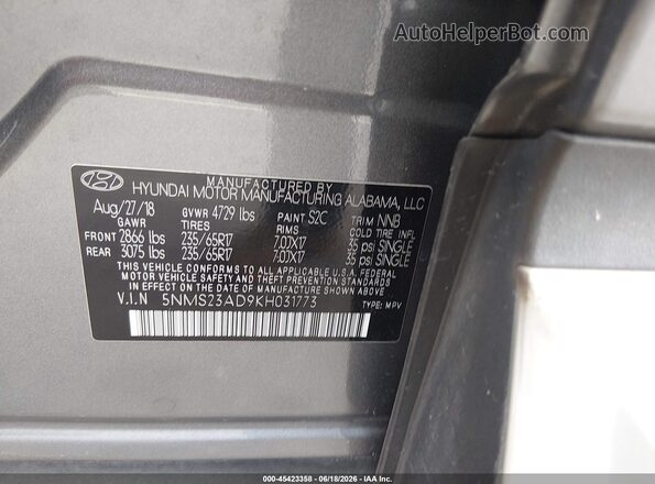 5NMS23AD9KH031773 2019 HYUNDAI SANTA FE Серый Вид подкапотного пространства