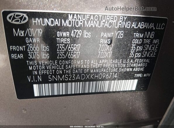 5NMS23ADXKH096714 2019 HYUNDAI SANTA FE Gray Вид підкапотного простору
