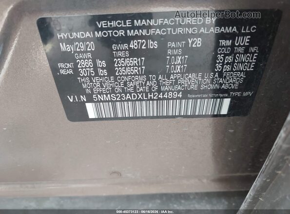 5NMS23ADXLH244894 2020 HYUNDAI SANTA FE Brown Engine compartment view